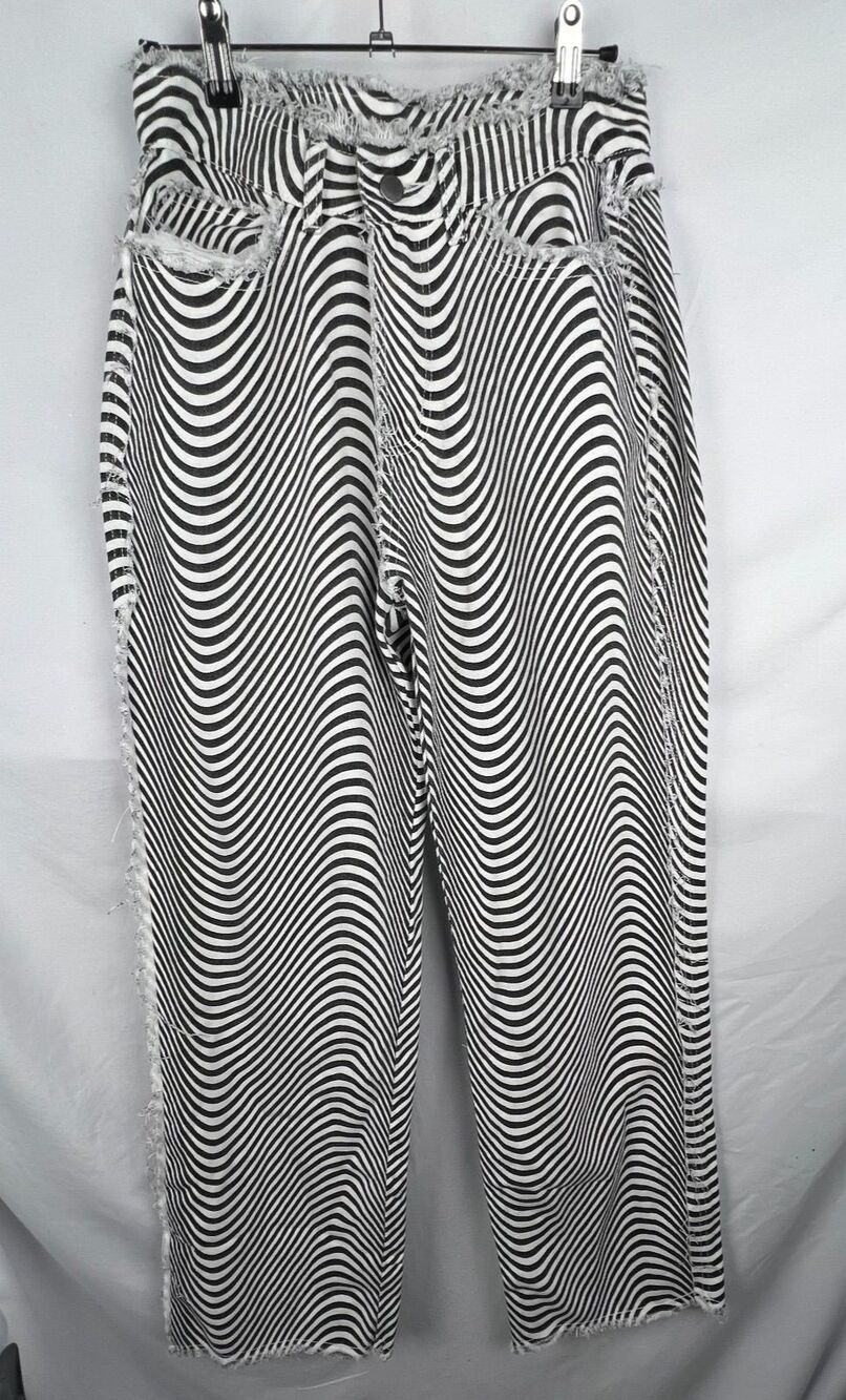 Shein Women’s Striped Wide Leg Jeans Size 6 Black White Frayed Y2K Cotton